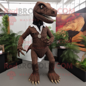 Brown T Rex mascot costume character dressed with a Jeggings and Lapel pins