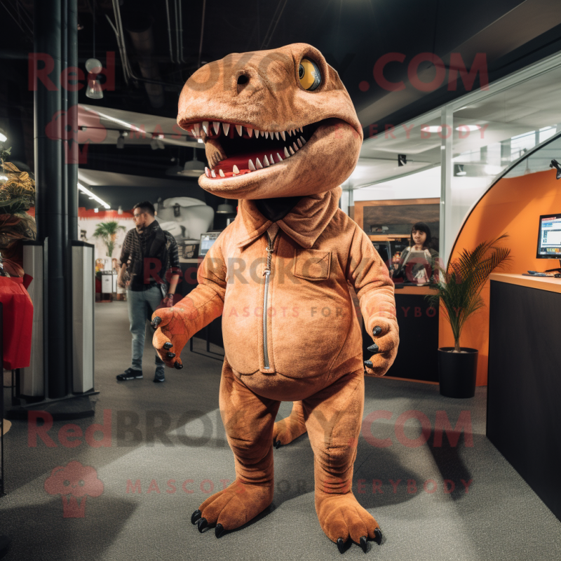 Brown T Rex mascot costume character dressed with a Jeggings and Lapel pins