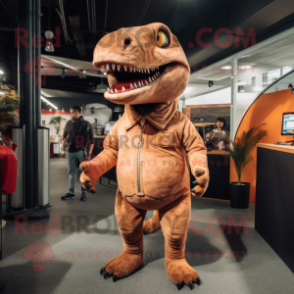Brown T Rex mascot costume character dressed with a Jeggings and Lapel pins
