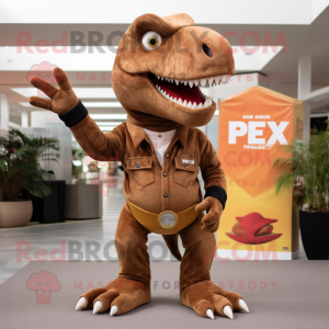 Brown T Rex mascot costume character dressed with a Jeggings and Lapel pins