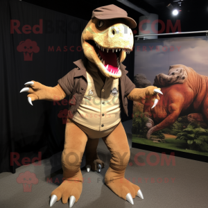 Brown T Rex mascot costume character dressed with a Jeggings and Lapel pins