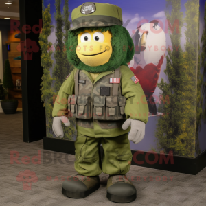 Forest Green American Soldier mascot costume character dressed with a Dress and Backpacks