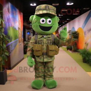 Forest Green American Soldier mascot costume character dressed with a Dress and Backpacks