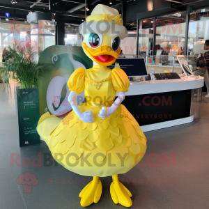 Lemon Yellow Swan mascot costume character dressed with a Midi Dress and Gloves