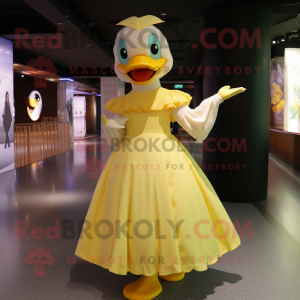 Lemon Yellow Swan mascot costume character dressed with a Midi Dress and Gloves