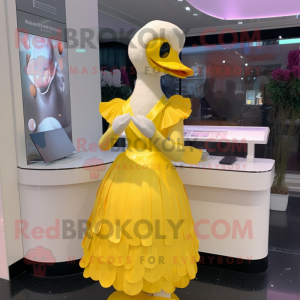 Lemon Yellow Swan mascot costume character dressed with a Midi Dress and Gloves