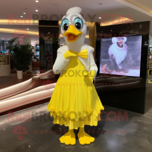 Lemon Yellow Swan mascot costume character dressed with a Midi Dress and Gloves