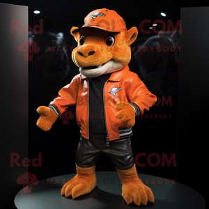 Orange Chupacabra mascot costume character dressed with a Leather Jacket and Beanies