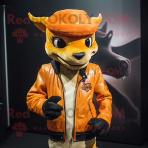 Orange Chupacabra mascot costume character dressed with a Leather Jacket and Beanies