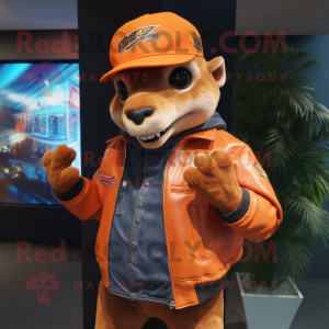Orange Chupacabra mascot costume character dressed with a Leather Jacket and Beanies