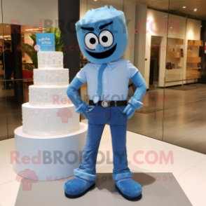 Blue Wedding Cake mascot costume character dressed with a Skinny Jeans and Ties