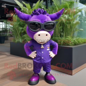 Purple Bull mascot costume character dressed with a Skirt and Sunglasses