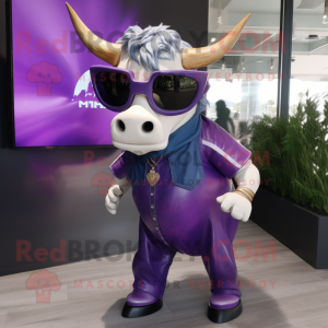 Purple Bull mascot costume character dressed with a Skirt and Sunglasses