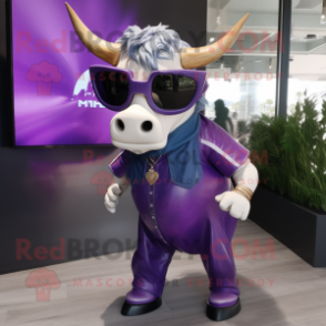 Purple Bull mascot costume character dressed with a Skirt and Sunglasses
