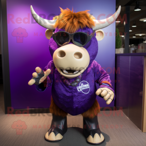 Purple Bull mascot costume character dressed with a Skirt and Sunglasses