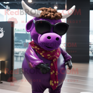 Purple Bull mascot costume character dressed with a Skirt and Sunglasses