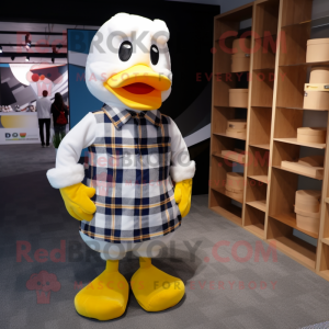 White Duck mascot costume character dressed with a Flannel Shirt and Foot pads