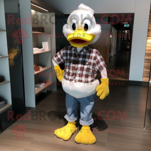 White Duck mascot costume character dressed with a Flannel Shirt and Foot pads