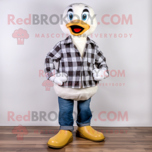 White Duck mascot costume character dressed with a Flannel Shirt and Foot pads