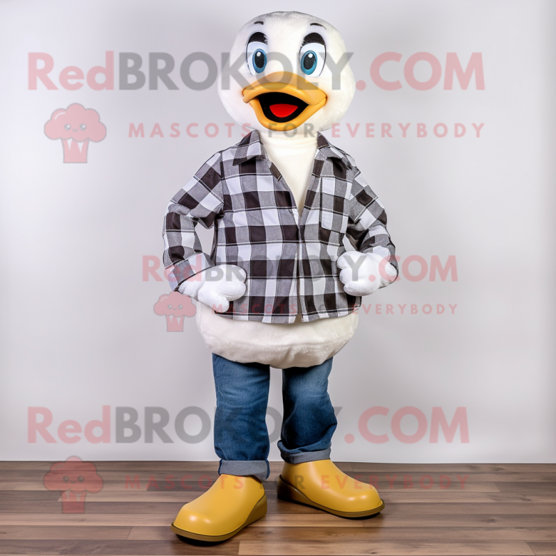 White Duck mascot costume character dressed with a Flannel Shirt and Foot pads White Duck mascot costume character dressed with a Flannel Shirt and Foot pads