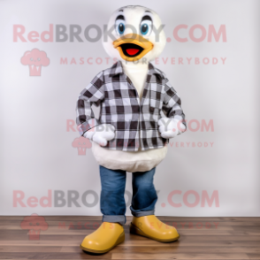 White Duck mascot costume character dressed with a Flannel Shirt and Foot pads