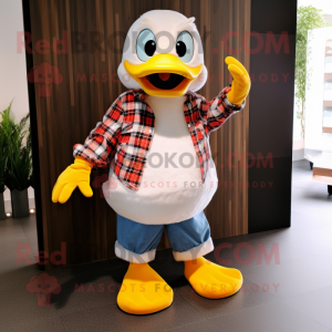 White Duck mascot costume character dressed with a Flannel Shirt and Foot pads