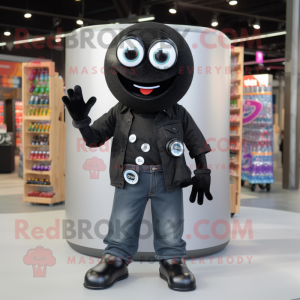 Black Soda Can mascot costume character dressed with a Button-Up Shirt and Rings