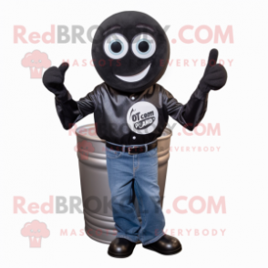 Black Soda Can mascot costume character dressed with a Button-Up Shirt and Rings