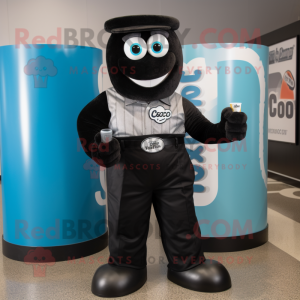 Black Soda Can mascot costume character dressed with a Button-Up Shirt and Rings