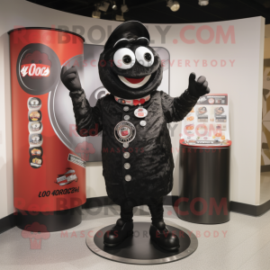 Black Soda Can mascot costume character dressed with a Button-Up Shirt and Rings