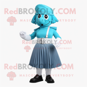 Cyan Soldier mascot costume character dressed with a Pleated Skirt and Suspenders