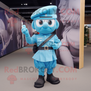 Cyan Soldier mascot costume character dressed with a Pleated Skirt and Suspenders