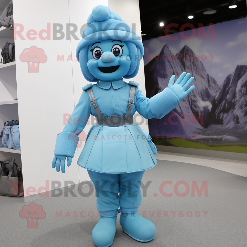 Cyan Soldier mascot costume character dressed with a Pleated Skirt and Suspenders Cyan Soldier mascot costume character dressed with a Pleated Skirt and Suspenders