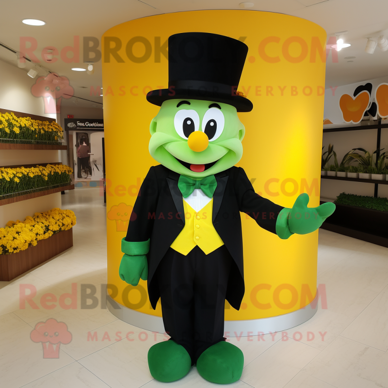 Yellow Bunch Of Shamrocks mascot costume character dressed with a Tuxedo and Caps Yellow Bunch Of Shamrocks mascot costume character dressed with a Tuxedo and Caps