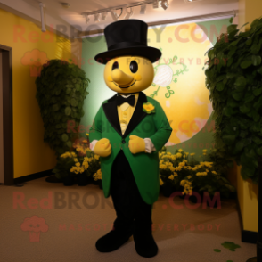 Yellow Bunch Of Shamrocks mascot costume character dressed with a Tuxedo and Caps