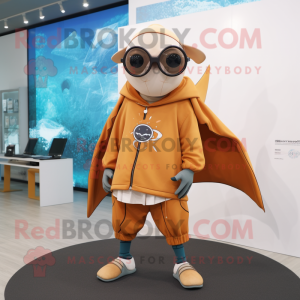 Rust Manta Ray mascot costume character dressed with a Joggers and Eyeglasses