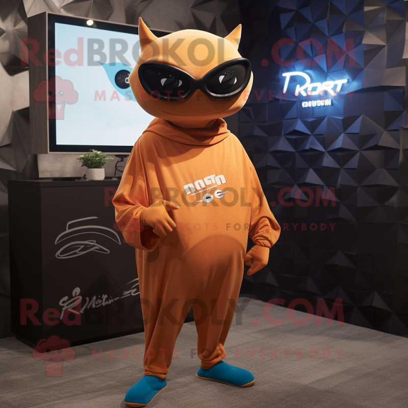 Rust Manta Ray mascot costume character dressed with a Joggers and Eyeglasses Rust Manta Ray mascot costume character dressed with a Joggers and Eyeglasses
