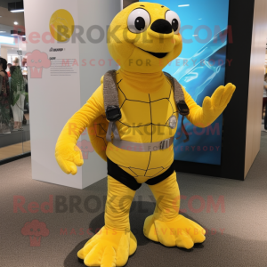 Lemon Yellow Sea Turtle mascot costume character dressed with a Board Shorts and Mittens