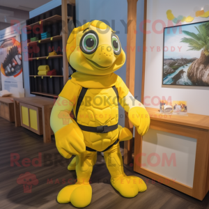 Lemon Yellow Sea Turtle mascot costume character dressed with a Board Shorts and Mittens