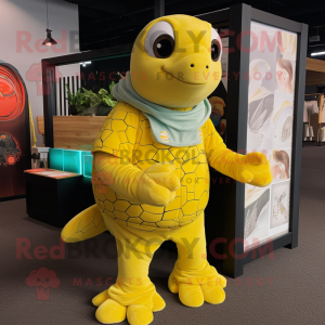 Lemon Yellow Sea Turtle mascot costume character dressed with a Board Shorts and Mittens