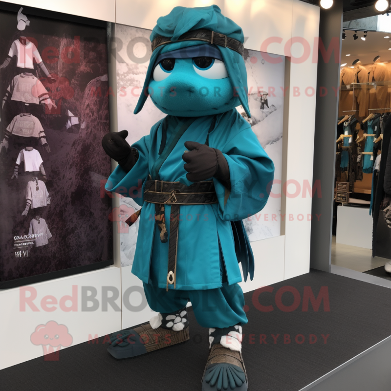 Teal Samurai mascot costume character dressed with a Joggers and Shoe clips