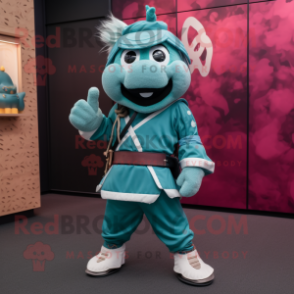 Teal Samurai mascot costume character dressed with a Joggers and Shoe clips