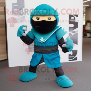 Teal Samurai mascot costume character dressed with a Joggers and Shoe clips