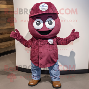 Maroon Squash mascot costume character dressed with a Flare Jeans and Hat pins