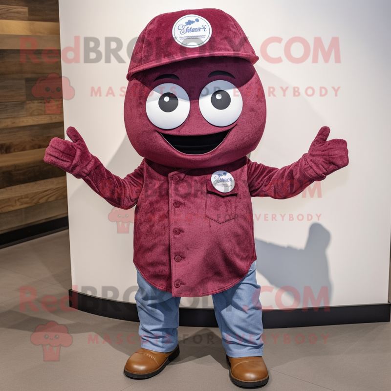 Maroon Squash mascot costume character dressed with a Flare Jeans and Hat pins