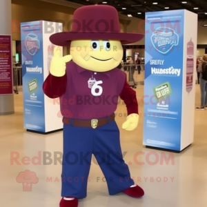Maroon Squash mascot costume character dressed with a Flare Jeans and Hat pins