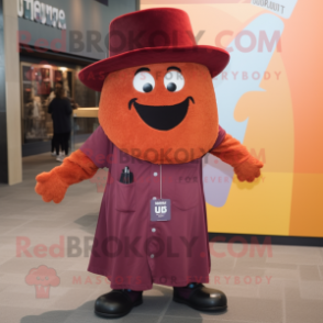 Maroon Squash mascot costume character dressed with a Flare Jeans and Hat pins