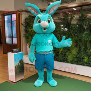Cyan Wild Rabbit mascot costume character dressed with a Polo Tee and Shoe laces