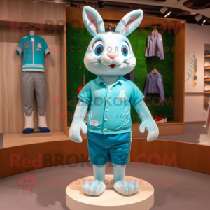 Cyan Wild Rabbit mascot costume character dressed with a Polo Tee and Shoe laces