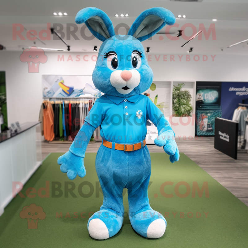 Cyan Wild Rabbit mascot costume character dressed with a Polo Tee and Shoe laces